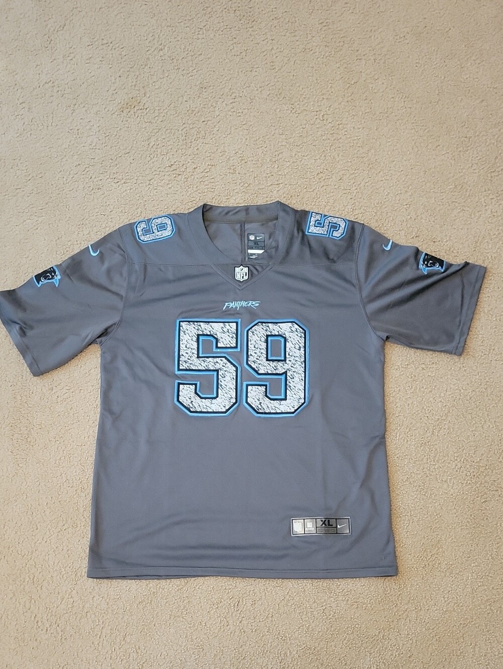 Nike Mens XL Luke Kuechly Carolina Panthers #59 Gray and Light Blue Jersey